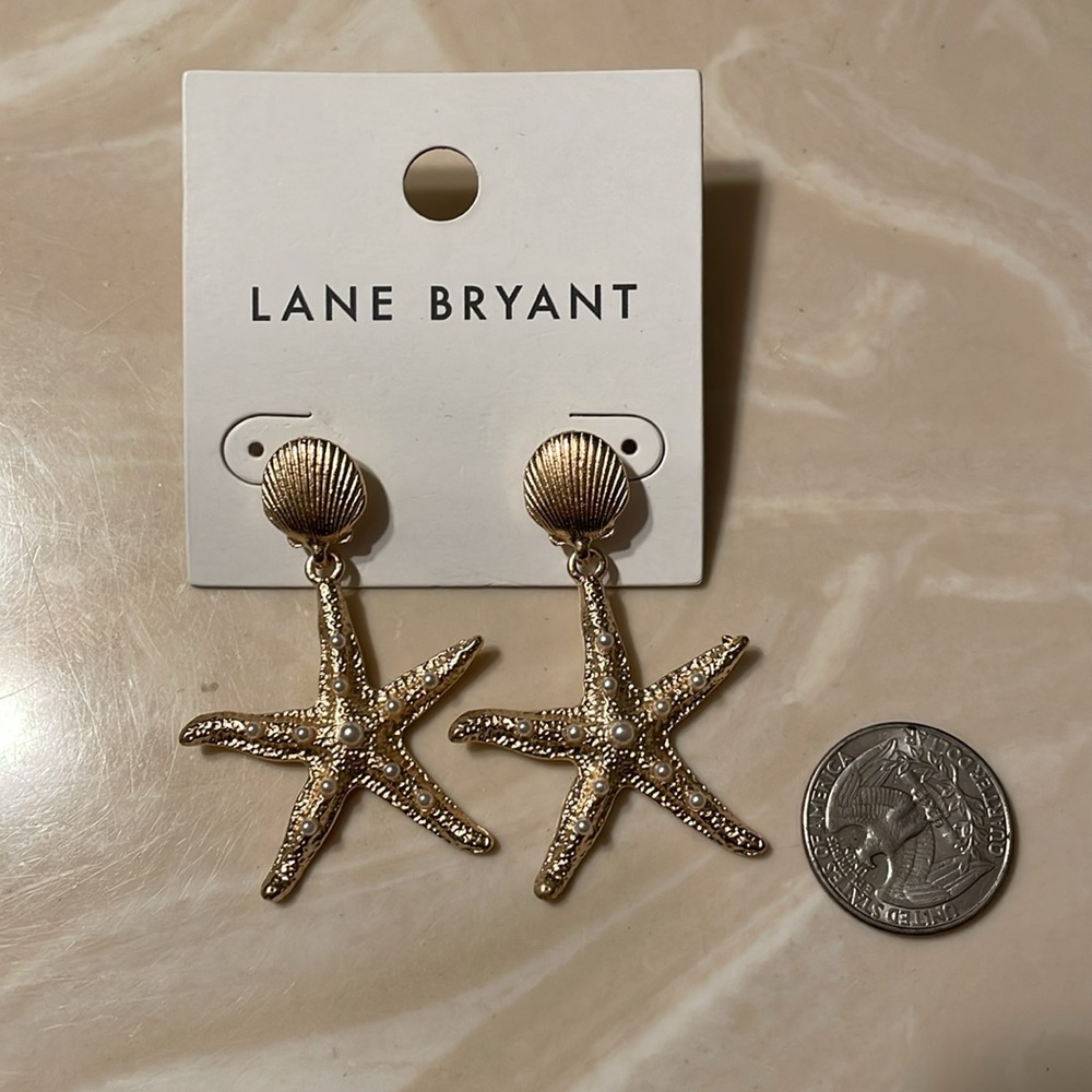 LANE BRYANT NWT Pearlized Starfish Drop Earrings Gold - Picture 3 of 5